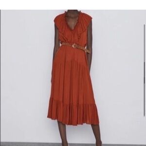 Zara Terracotta Midi Dress with studded belt. Size S.